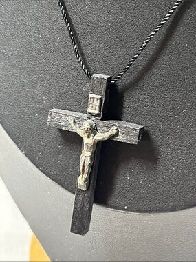 Wooden cross crucifix necklace on a black cord
Tie to length desired